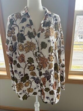 Nicole Miller White Button-Down Shirt with Green and Brown Floral Print